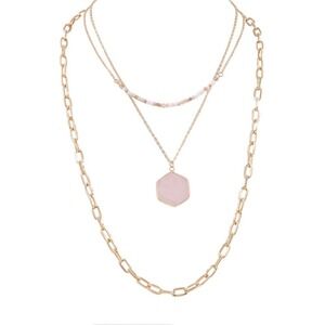 Layered Necklace 3 Piece Set Hexagon Pendant Pink Gold